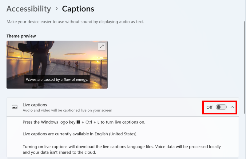 Click the toggle switch for Live captions